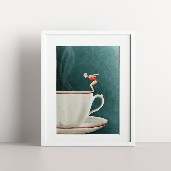 Fine art print, illustration of a surreal dive - Dive in tea. Aesthetic poster. Minimalist wall art decor