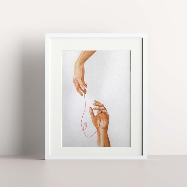 Fine art print, illustration, hands in love, CorCarmim poster aesthetic - Red thread of fate. Wall art decor