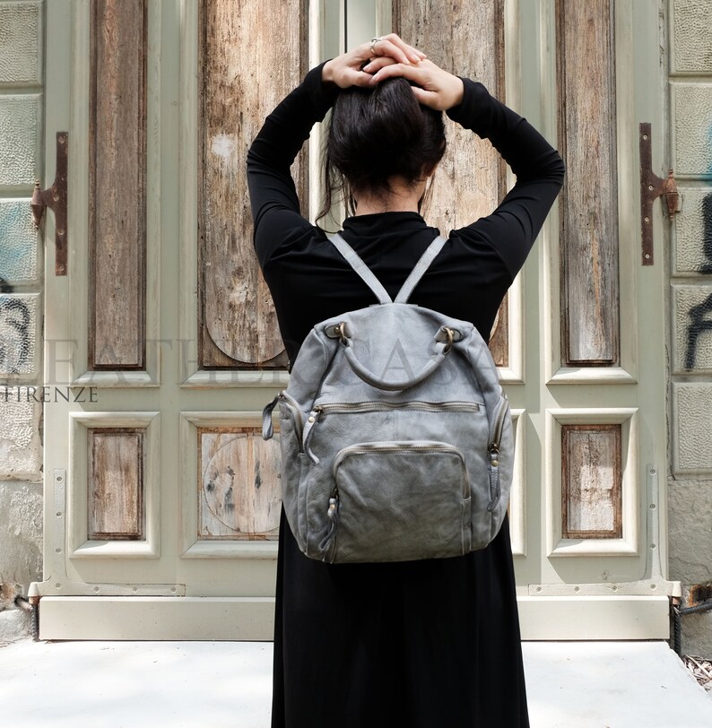 Gray Vintage Leather Backpack,Soft Leather Bag,Leather Bag Women,Women Backpack,Italian Leather Bag,Italian Leather Handbags