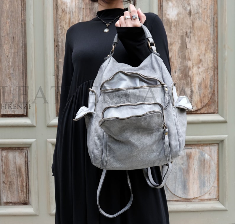 Gray Vintage Leather Backpack,Soft Leather Bag,Leather Bag Women,Women Backpack,Italian Leather Bag,Italian Leather Handbags