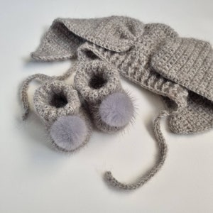 Newborn Grey Fluffy Bunny Bonnet, Mink PomPom Booties, Crochet Merino & Alpaca Silk Set, Easter Prop, Rabbit Ears, Unisex, Bits and Bonnets