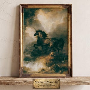 Unicornio negro en un acantilado, arte mural de fantasía dramática, ambiente romántico oscuro (descarga digital) 496