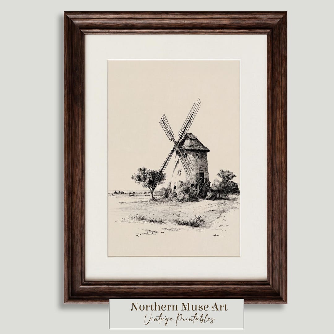 Rustic Windmill Drawing Antique Windmill Landscape, Printable Rustic Country Drawing, Farmhouse ...