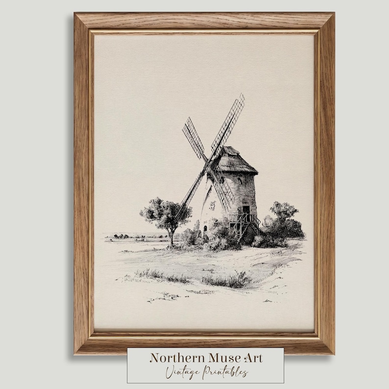 Rustic Windmill Drawing Antique Windmill Landscape, Printable Rustic Country Drawing, Farmhouse ...