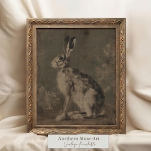 Vintage Hase Illustration - Rustikales Cottagecore Dekor, Wandkunst, Stimmungsvoller Neutraler Stil, Antike sitzender Hase druckbar, digitaler Download 399