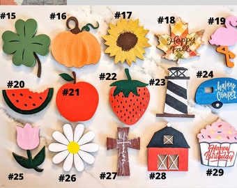 3.5&quot; Interchangeable Themed Seasonal Wood Cut Outs, Attachments, Christmas, Easter, Fall, Summer, Halloween, Birthday, Valentine, Spring