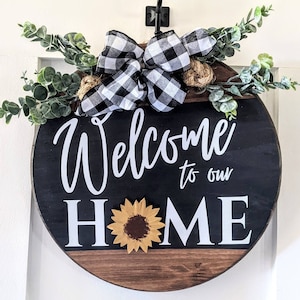 Welcome to our Home Interchangeable Door Hanger Wreath Sign Includes: 1 pair Eucalyptus & 1 Bow.  YOU Pick from over 50 Theme Cut Outs