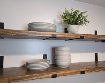 8" Solid Pine Shelf  Black Iron J Shelf Brackets, 8" depth, 1.5" thick solid wood,  Length made to your measurements.  You choose color!