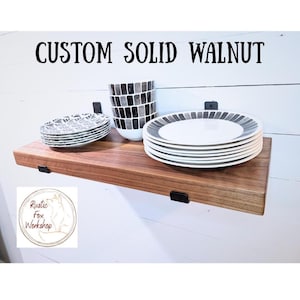 12&quot; Solid Walnut Hardwood Shelf with Black Iron J Shelf Brackets, 12&quot; depth, 1&quot; or 2&quot; thick solid wood,  Made to order, Custom Length
