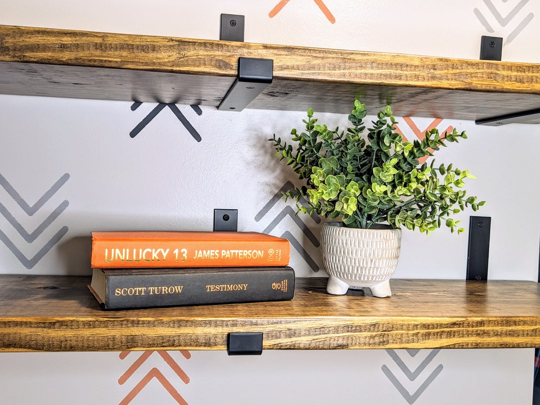 12 Solid Pine Shelf Black Iron J Shelf Brackets, 12 Depth, 1.5 Thick