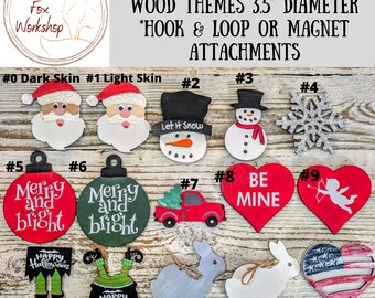 Interchangeable Themed Wood Cutout: Seasonal Attachments, 3.5" Diameter.  Hook/Loop  or Magnet Attachments