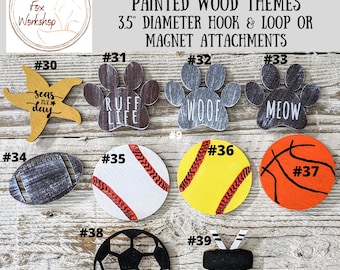 Interchangeable Themed Wood Cutout: Seasonal Attachments, 3.5" Diameter.  Hook/Loop  or Magnet Attachments