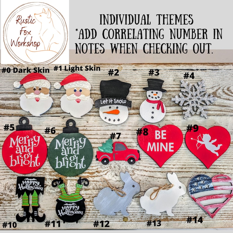May include: A collection of wooden ornaments with various themes, including Santa Claus, snowmen, hearts, and bunnies. The ornaments are painted in bright colors and feature text like "Merry and Bright" and "Be Mine."