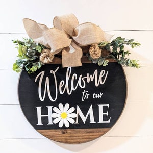 DELUXE PACKAGE: 15&quot; Welcome to our Home Interchangeable Door Hanger Wreath Sign, Includes 2 Floral, 3 Bows, YOU Pick from over 50 Cut Outs