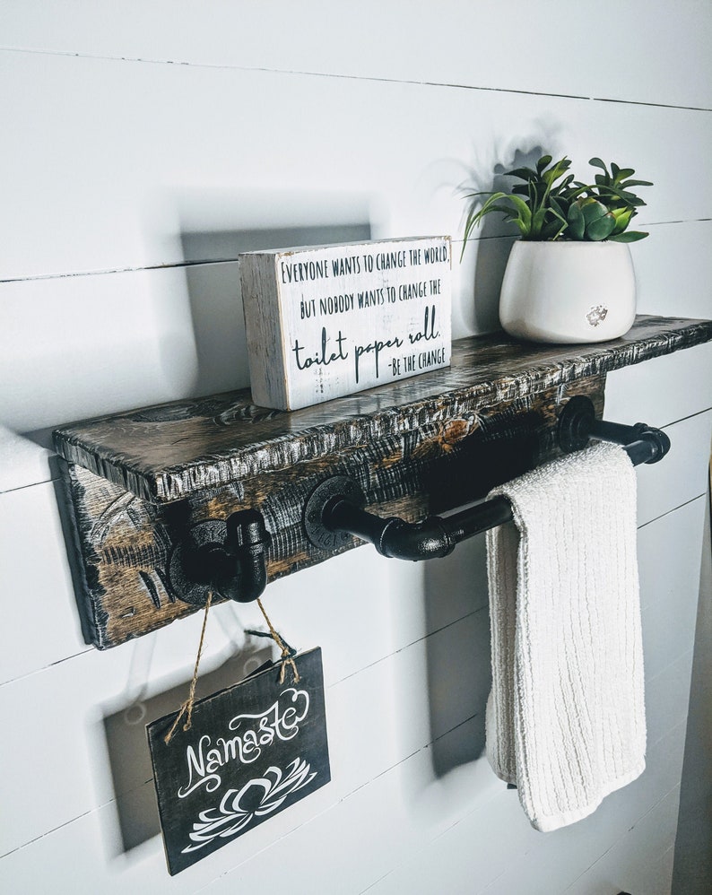 Distressed Wood Shelf With Industrial Pipe Hook and Hand Towel Etsy