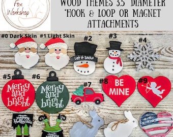 Interchangeable Themed Wood Cutout: Seasonal Attachments, 3.5" Diameter.  Hook/Loop  or Magnet Attachments