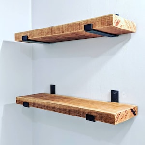 10" Solid Cherry Hardwood Shelf with Black Iron J Shelf Brackets, 10" depth, 1.5" thick solid wood,  Length made to your measurements