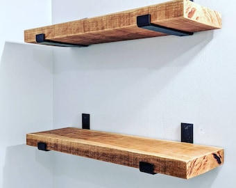 10" Solid Cherry Hardwood Shelf with Black Iron J Shelf Brackets, 10" depth, 1.5" thick solid wood,  Length made to your measurements