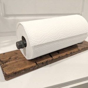 Industrial Pipe Paper Towel or Toilet Paper Holder,  Rustic Distressed Wood, Wall Mounted or Freestanding -YOU CHOOSE COLOR!