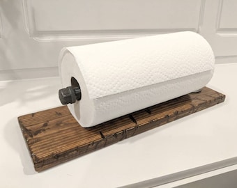 Industrial Pipe Paper Towel or Toilet Paper Holder, Rustic Distressed Wood,  Wall Mounted or Freestanding -YOU CHOOSE COLOR!