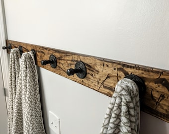Rustic Wood Towel Rack, Industrial Pipe Hooks, Custom Length, Wall Stud Installation
