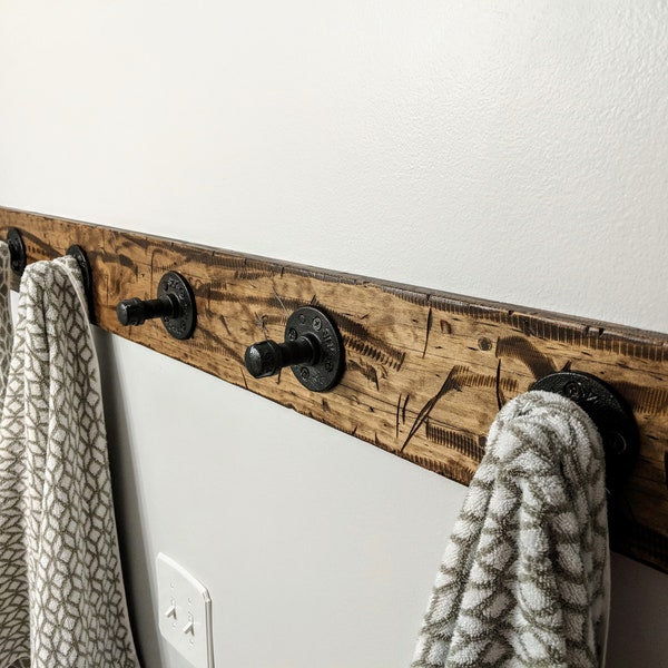Custom Rustic Wood Towel Robe Coat Rack Bar with Industrial Pipe Hooks, WALL STUD INSTALL, You customize hooks, color and length of board