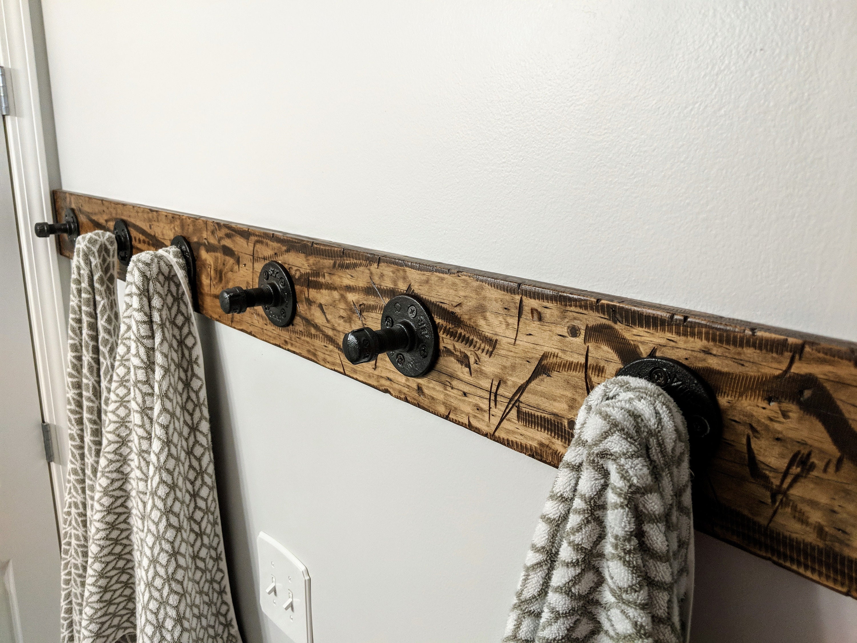 Custom Rustic Wood Towel Robe Coat Rack Bar With Industrial Pipe Hooks,  WALL STUD INSTALL, You Customize Hooks, Color and Length of Board - Etsy