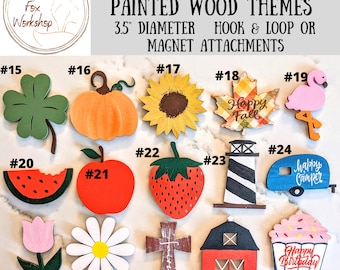 Interchangeable Themed Wood Cutout: Seasonal Attachments, 3.5" Diameter.  Hook/Loop  or Magnet Attachments