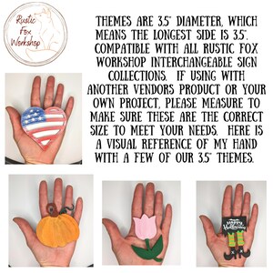 May include: The image showcases several interchangeable sign themes, each approximately 3.5 inches in diameter. Featured are a heart with an American flag design, an orange pumpkin, a pink tulip, and a Halloween-themed sign with text. The text on the image reads "Rustic Fox Workshop".