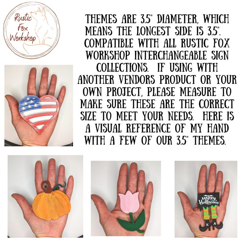 May include: The image showcases several interchangeable sign themes, each approximately 3.5 inches in diameter. Featured are a heart with an American flag design, an orange pumpkin, a pink tulip, and a Halloween-themed sign with text. The text on the image reads "Rustic Fox Workshop".