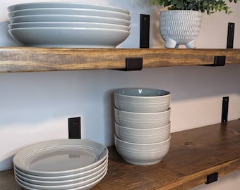 12" Solid Pine Shelf Black Iron J Shelf Brackets, 12" depth, 1.5" thick solid wood,  Length made to your measurements, you choose color!