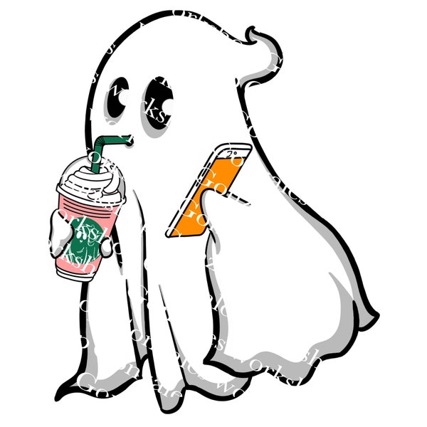 Ghost with coffee and phone PNG, Sublimation, Spooky season, Digital download, Digital art