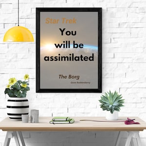 Puede incluir: Un póster enmarcado de Star Trek con la cita "You will be assimilated" en texto negro. El póster tiene un marco negro y se muestra en un escritorio de madera. El texto "Star Trek" es naranja, y "The Borg" y Gene Roddenberry también se muestran.