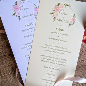 Eleganckie menu weselne | Romantyczne różowe kwiatowe menu na przyjęcie, spersonalizowana karta kolacji | Białe lub kości słoniowej menu weselne | Wyprodukowano we Włoszech