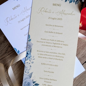 Eleganckie menu weselne Blue Rose | Spersonalizowane menu weselne, spersonalizowana karta kolacji | Menu w stylu Blue Rose | Wyprodukowano we Włoszech