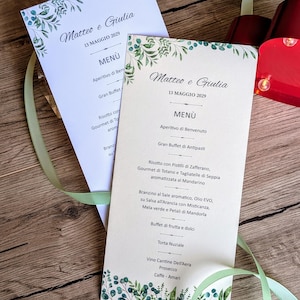 Groen trouwmenu's | Elegant, weelderig groen receptiemenu, gepersonaliseerde dinerkaart | Witte of ivoorkleurige trouwmenu's | Gemaakt in Italië