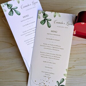 Eleganckie menu weselne | Delikatne zielone menu weselne, spersonalizowana karta kolacji | Białe lub kości słoniowej menu weselne | Wyprodukowano we Włoszech