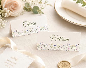 Personalized Floral Wedding Place Cards, Custom Guest Name Cards, Wildflower Table Seating Cards, Botanical Wedding Decor