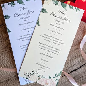 Eleganckie kwiatowe menu weselne | Spersonalizowane menu weselne, spersonalizowana karta kolacji | Projekt z zielenią i piwonią | Wyprodukowano we Włoszech