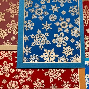 Flocons de neige - Ensemble fait main de 5 cartes de vœux vierges, cartes de Noël, cartes de vacances, cartes en papier faites à la main, cartes saisonnières, papier Bombay