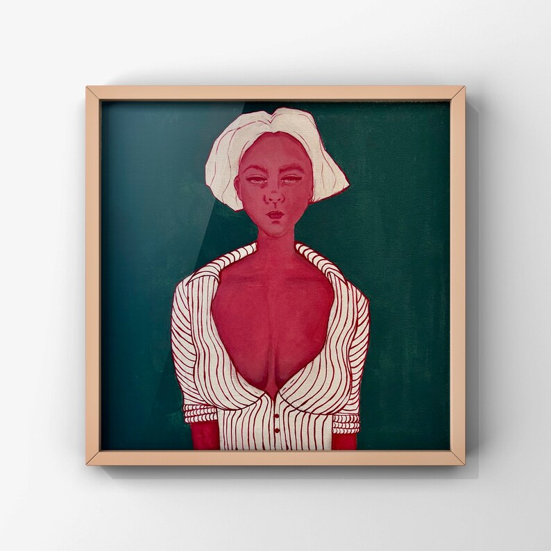 May include: A painting of a person with short white hair wearing a white and red striped shirt against a dark green background.