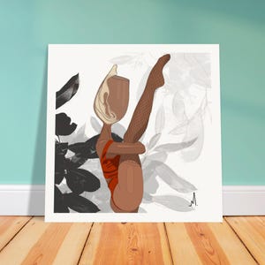 May include: An abstract art print featuring a figure in a red leotard and fishnet stockings, holding their leg up. The figure has a unique head shape and is set against a backdrop of black and gray foliage.