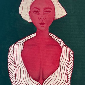 May include: A painting of a person with a white head covering and a striped shirt. The person's skin is painted in a bright pink color.