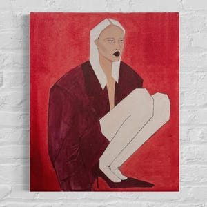 May include: An artistic painting on canvas depicts a person in a maroon blazer and white pants, squatting with black high heels against a red backdrop. The person has white hair and dark lipstick.