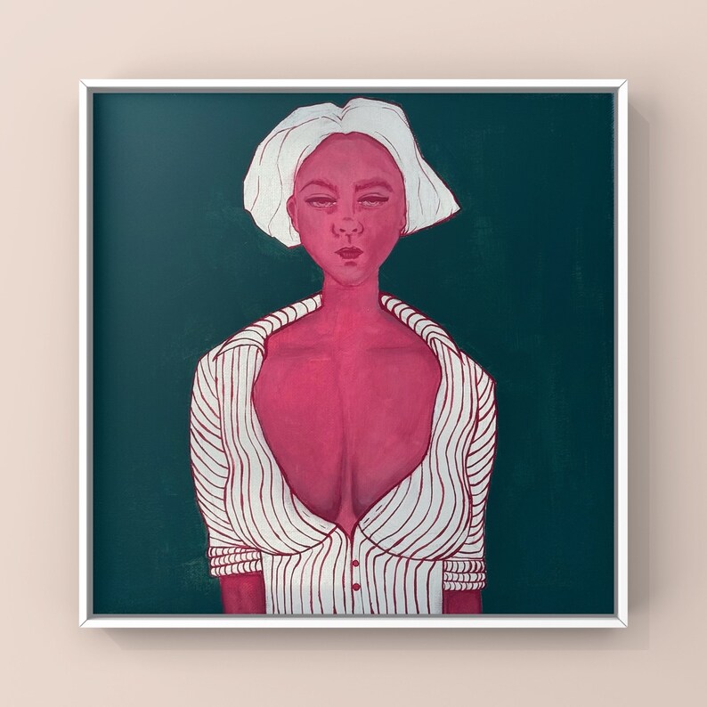 May include: A painting of a person with short, white hair wearing a white and red striped shirt with the collar open. The background is a dark teal color.