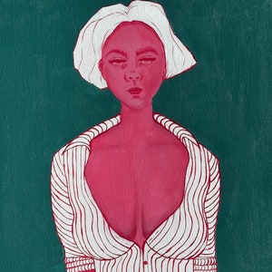 May include: A painting of a person with pink skin and white hair wearing a white and red striped shirt. The background is a dark teal green.