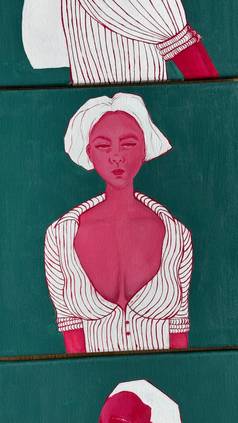 May include: A painting of a person with pink skin and white hair wearing a white and red striped shirt. The background is a dark teal green.