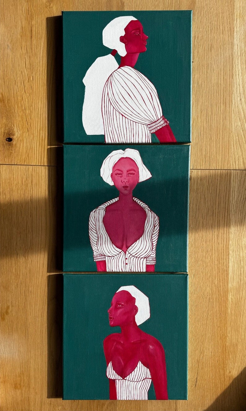 May include: Three canvases with a green background and a red figure in a white striped shirt. The figure is depicted in different poses on each canvas.