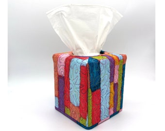 Quilted Tissue Box Cover in Block Color Print Fabric is Perfect for Desk, Coffee Table, or Countertop