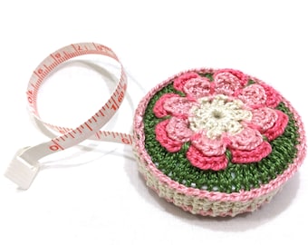 Retractable tape measure in handmade crochet cover is perfect gift for sewers, quilters, knitters, embroiderers. Has 60" measuring tape. #9